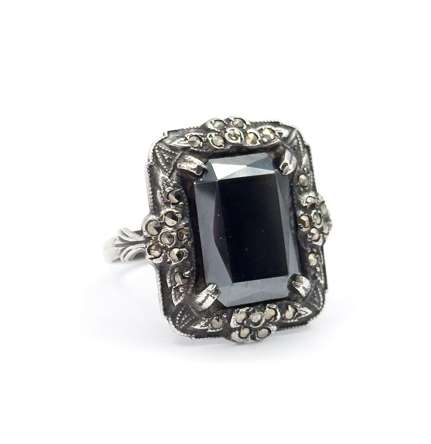 Art Deco Hematite & Marcasite Ring in Sterling Silver