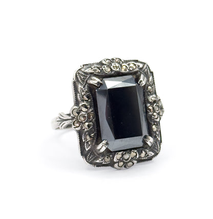 Art Deco Hematite & Marcasite Ring in Sterling Silver