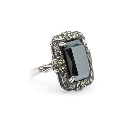 Art Deco Hematite & Marcasite Ring in Sterling Silver