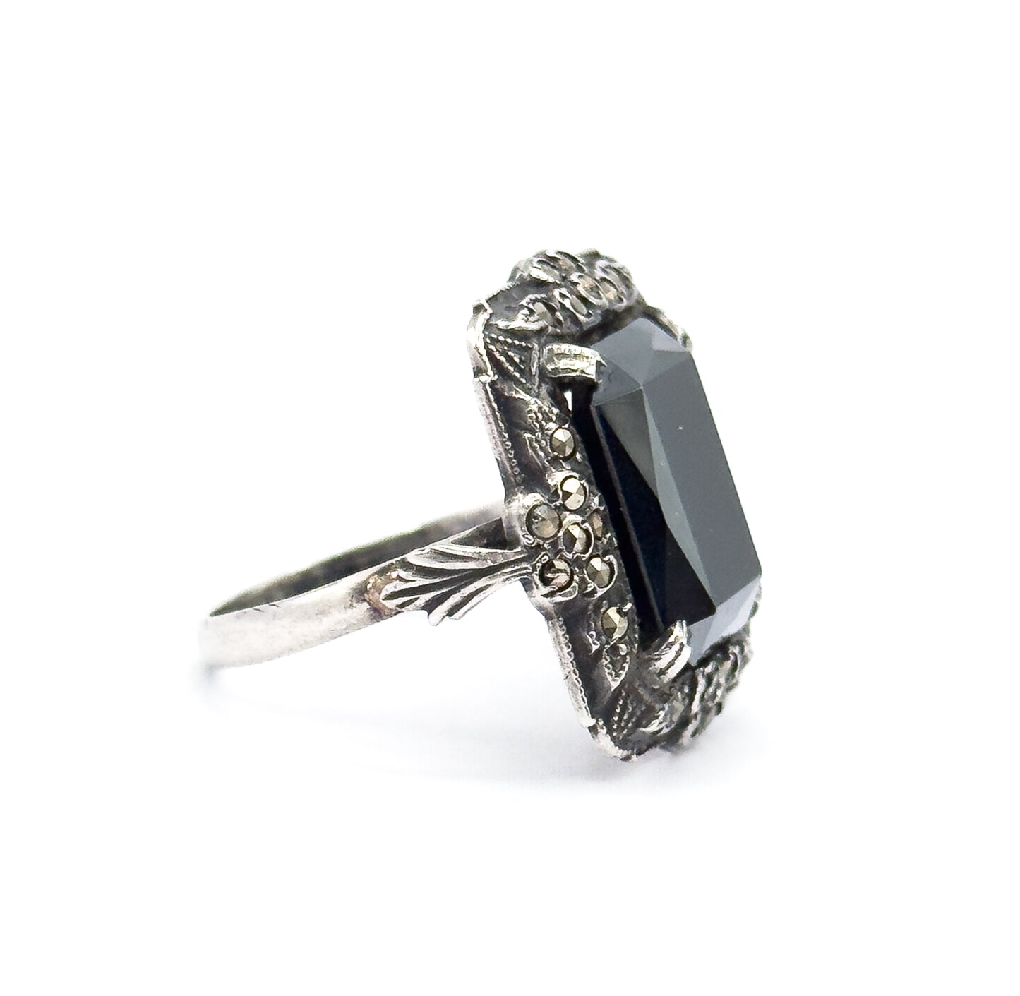 Art Deco Hematite & Marcasite Ring in Sterling Silver