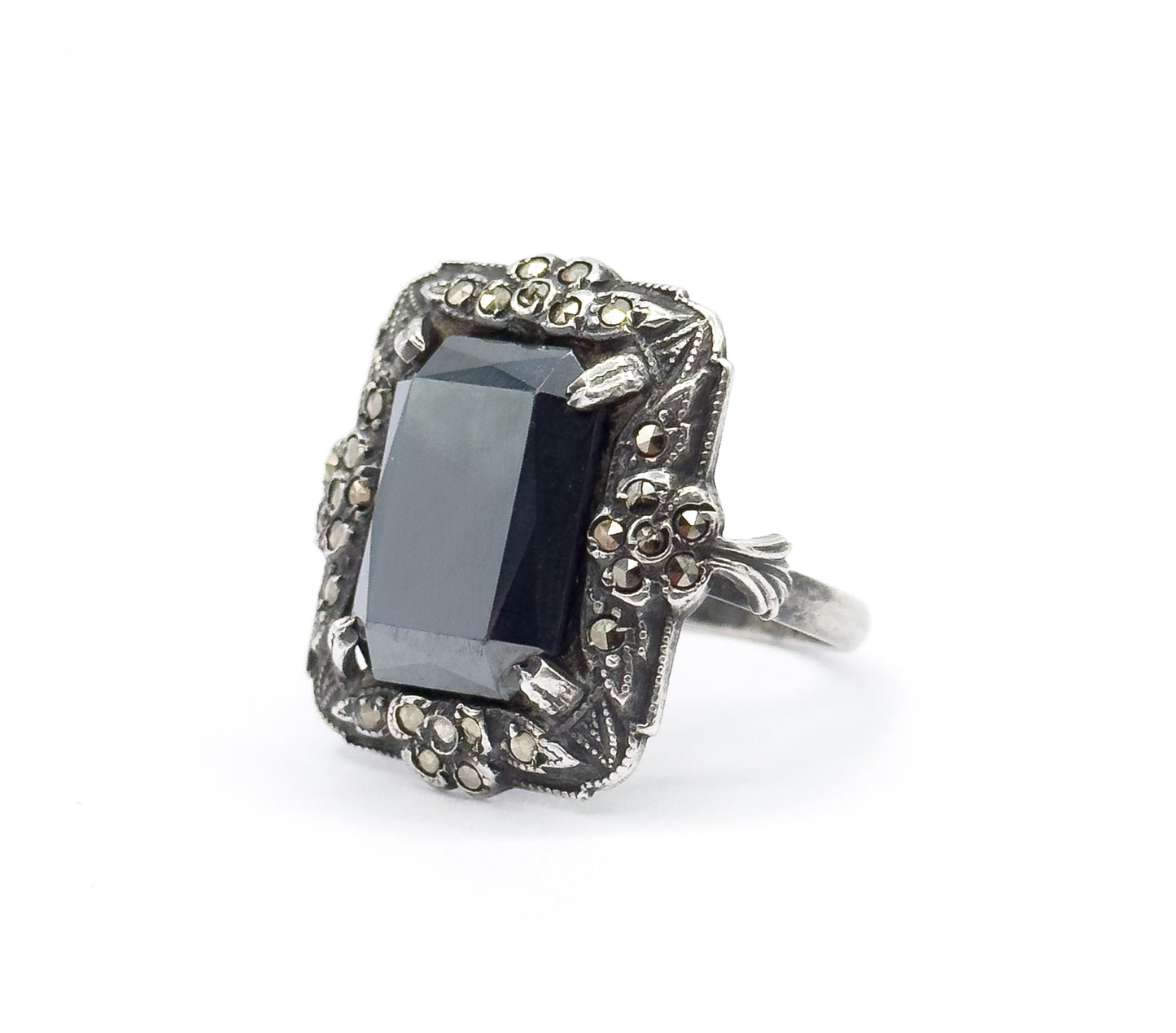 Art Deco Hematite & Marcasite Ring in Sterling Silver