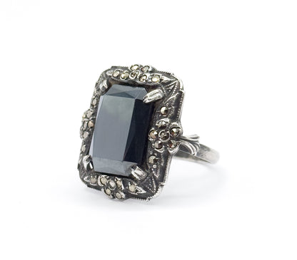 Art Deco Hematite & Marcasite Ring in Sterling Silver