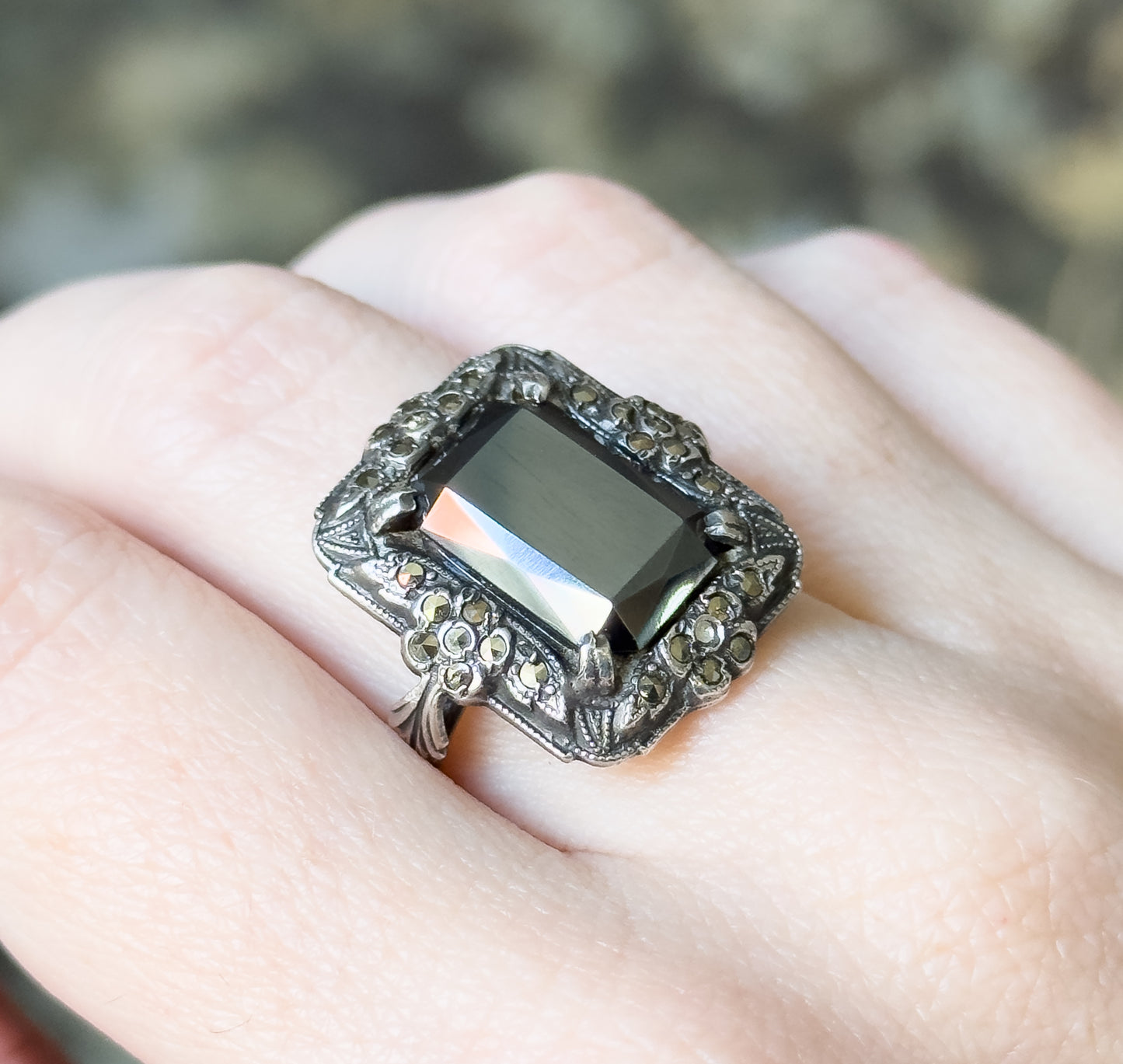 Art Deco Hematite & Marcasite Ring in Sterling Silver