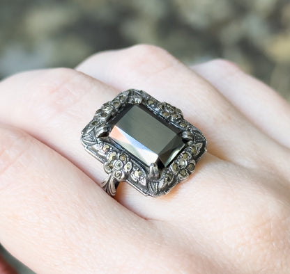 Art Deco Hematite & Marcasite Ring in Sterling Silver