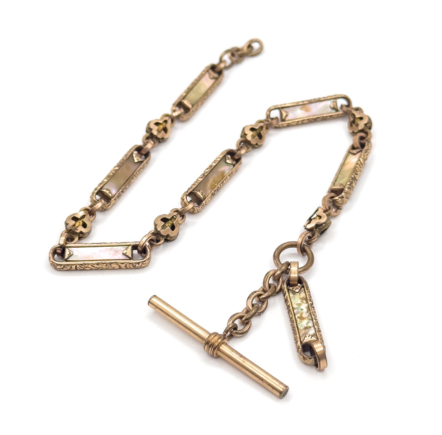 Victorian Abalone T-Bar Watch Chain compentent with Quatrefoil Detail