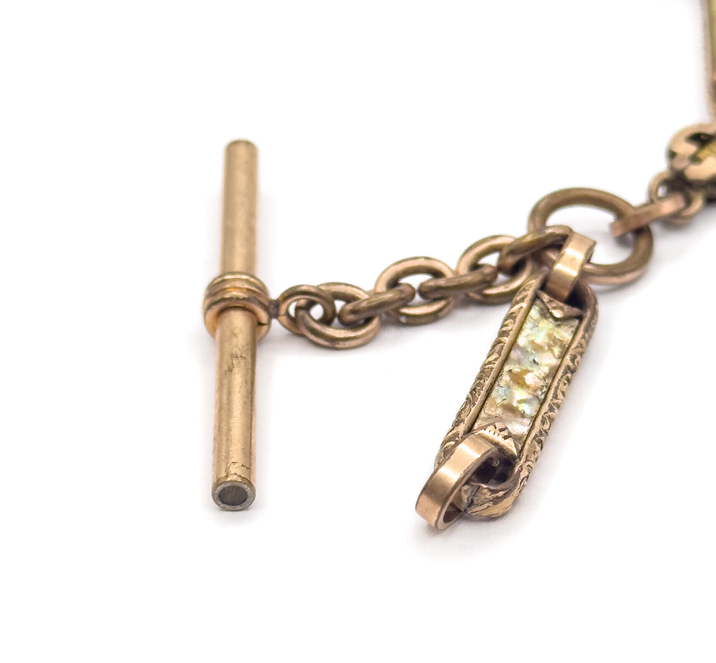 Victorian Abalone T-Bar Watch Chain compentent with Quatrefoil Detail