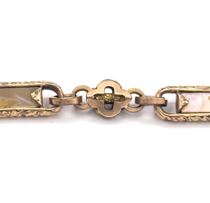 Victorian Abalone T-Bar Watch Chain compentent with Quatrefoil Detail