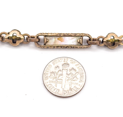 Victorian Abalone T-Bar Watch Chain compentent with Quatrefoil Detail
