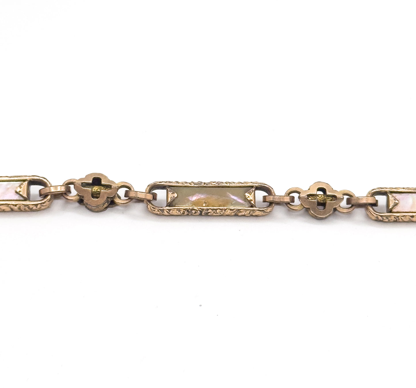 Victorian Abalone T-Bar Watch Chain compentent with Quatrefoil Detail