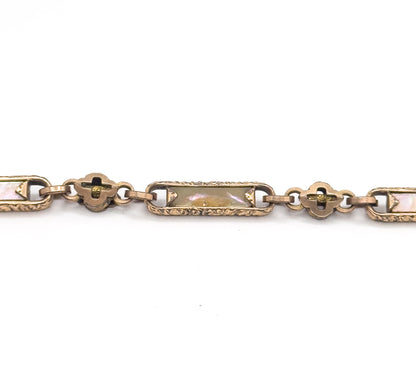 Victorian Abalone T-Bar Watch Chain compentent with Quatrefoil Detail