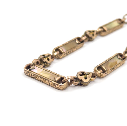 Victorian Abalone T-Bar Watch Chain compentent with Quatrefoil Detail