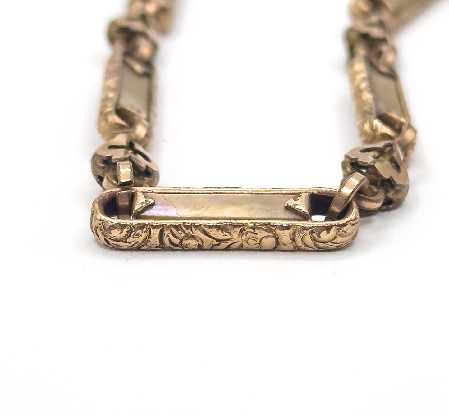 Victorian Abalone T-Bar Watch Chain compentent with Quatrefoil Detail