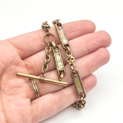 Victorian Abalone T-Bar Watch Chain compentent with Quatrefoil Detail