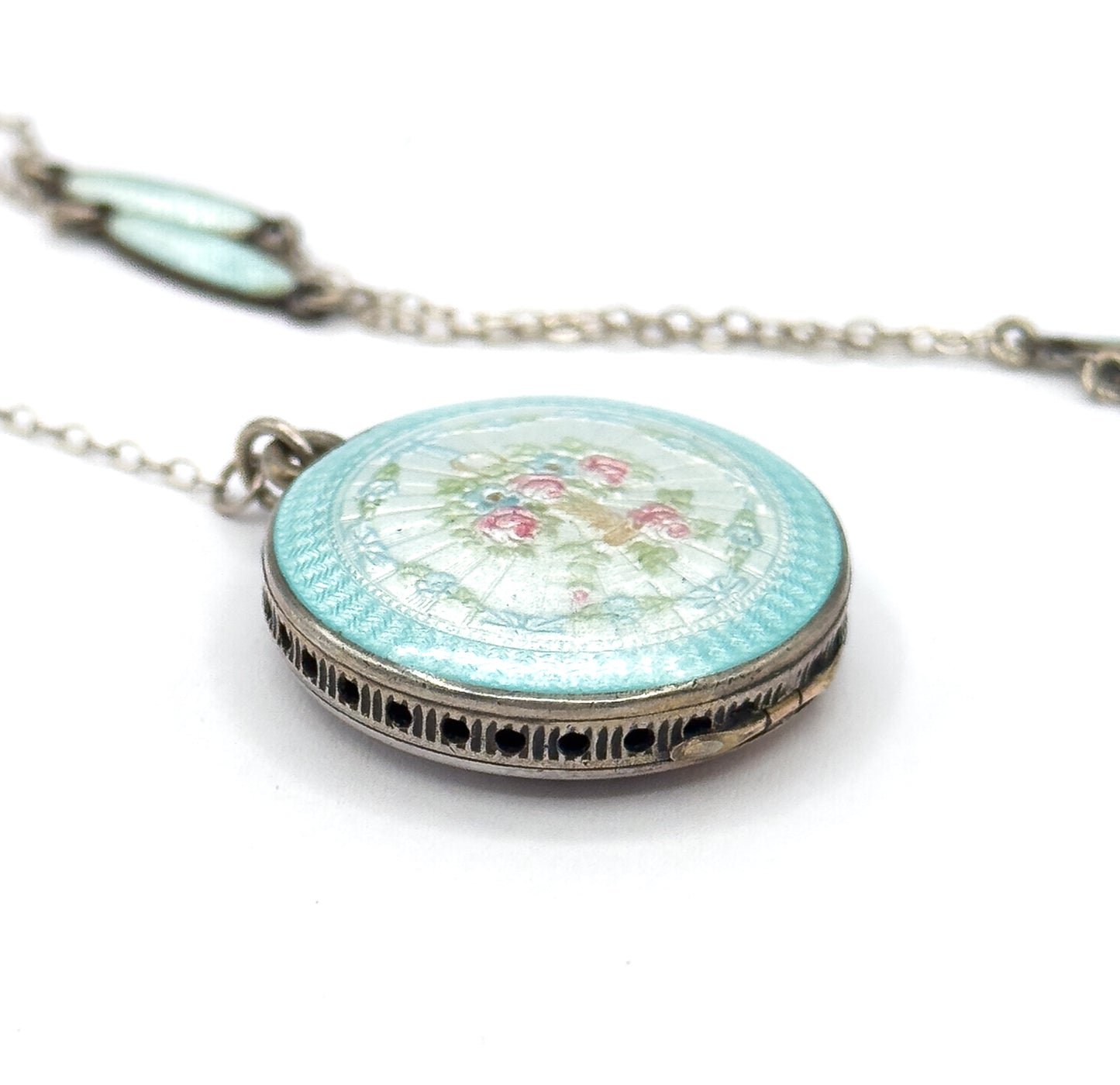 Edwardian Enamel Station Viniagrette Locket Y Drop Necklace in Sterling Silver