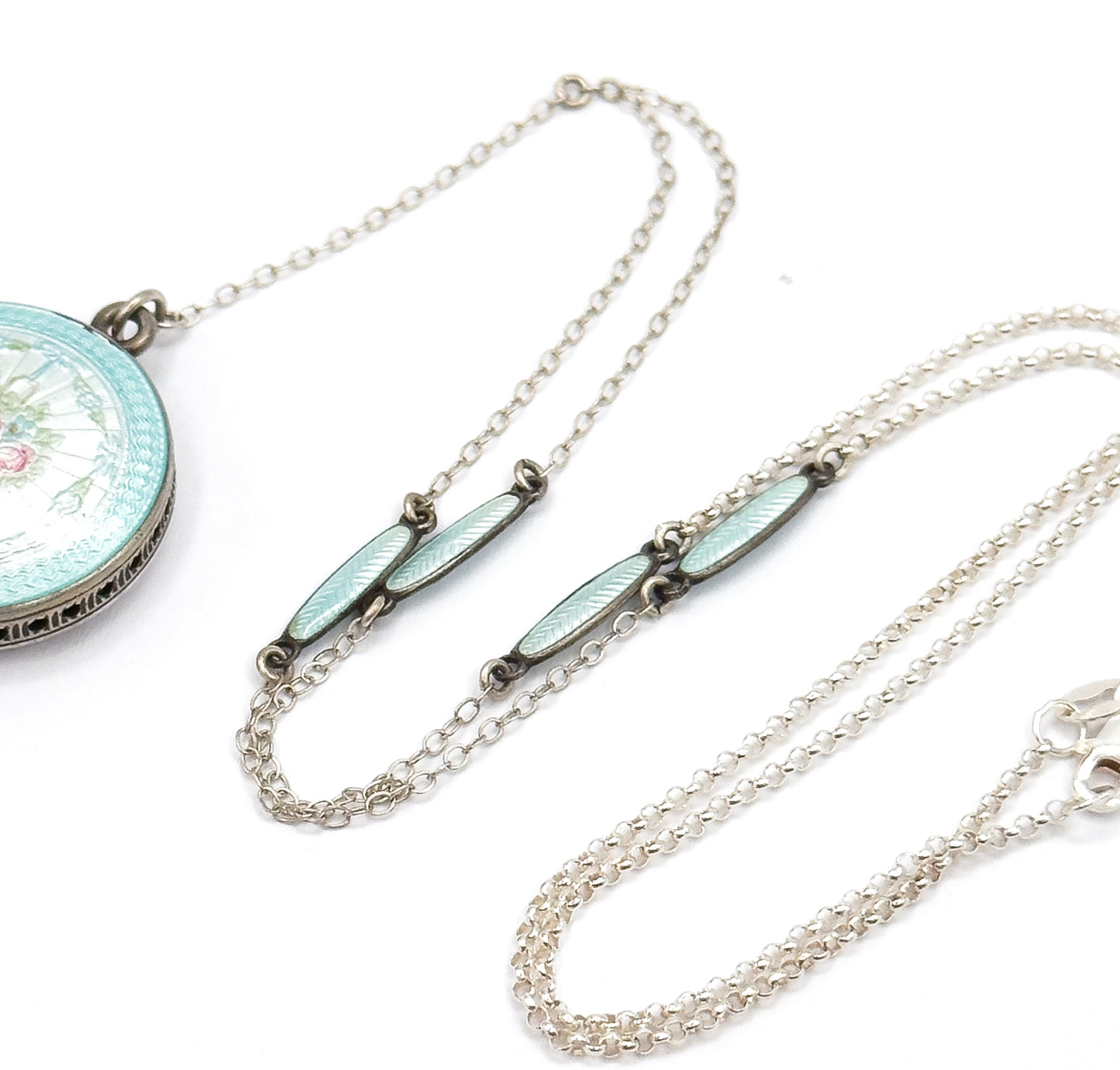Edwardian Enamel Station Viniagrette Locket Y Drop Necklace in Sterling Silver