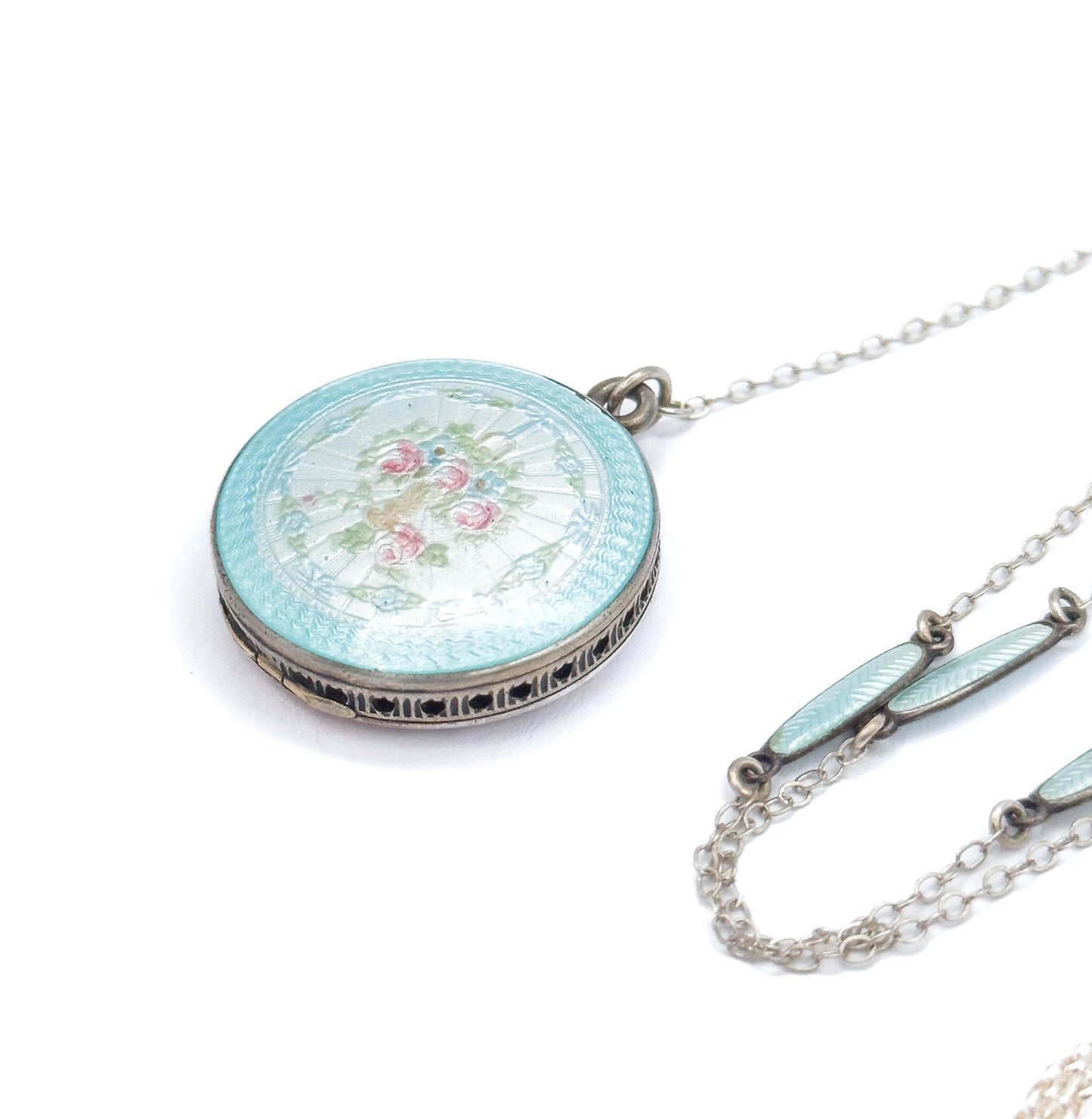 Edwardian Enamel Station Viniagrette Locket Y Drop Necklace in Sterling Silver