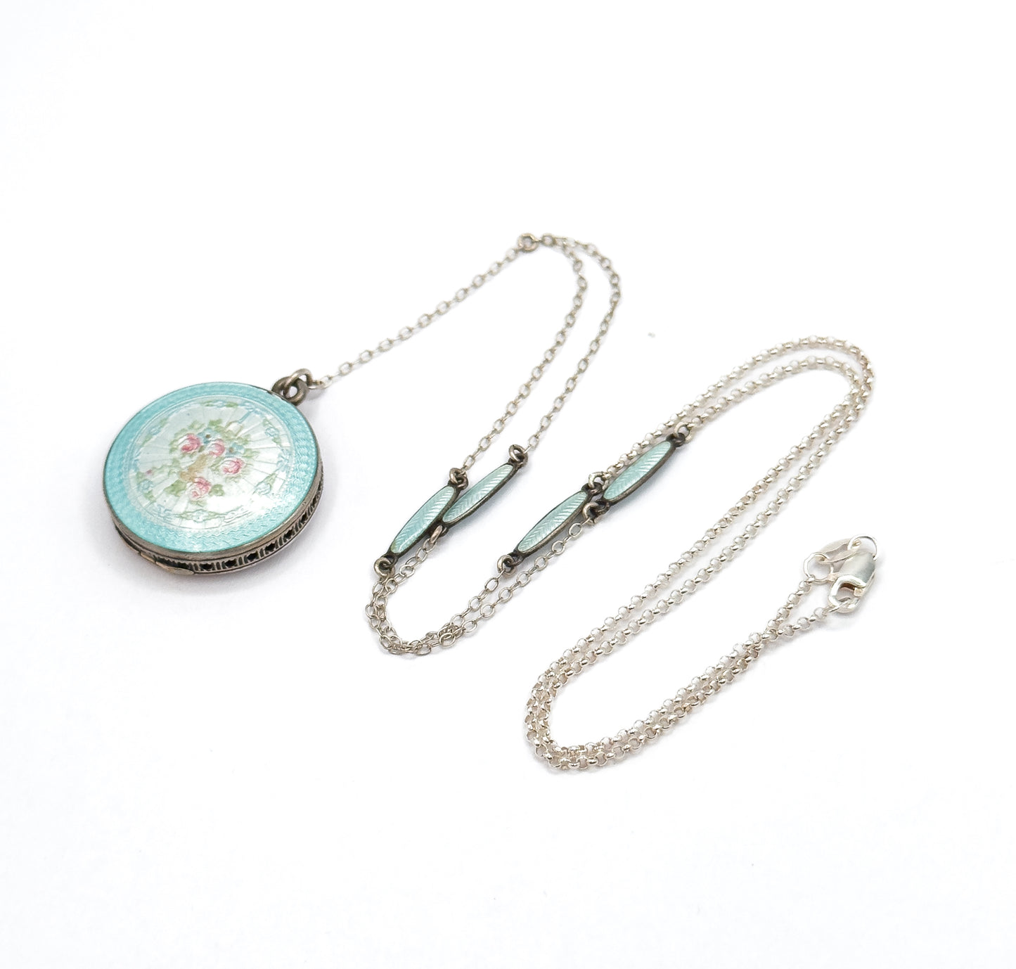 Edwardian Enamel Station Viniagrette Locket Y Drop Necklace in Sterling Silver