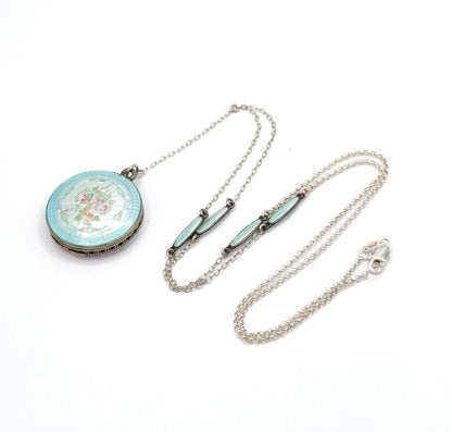 Edwardian Enamel Station Viniagrette Locket Y Drop Necklace in Sterling Silver