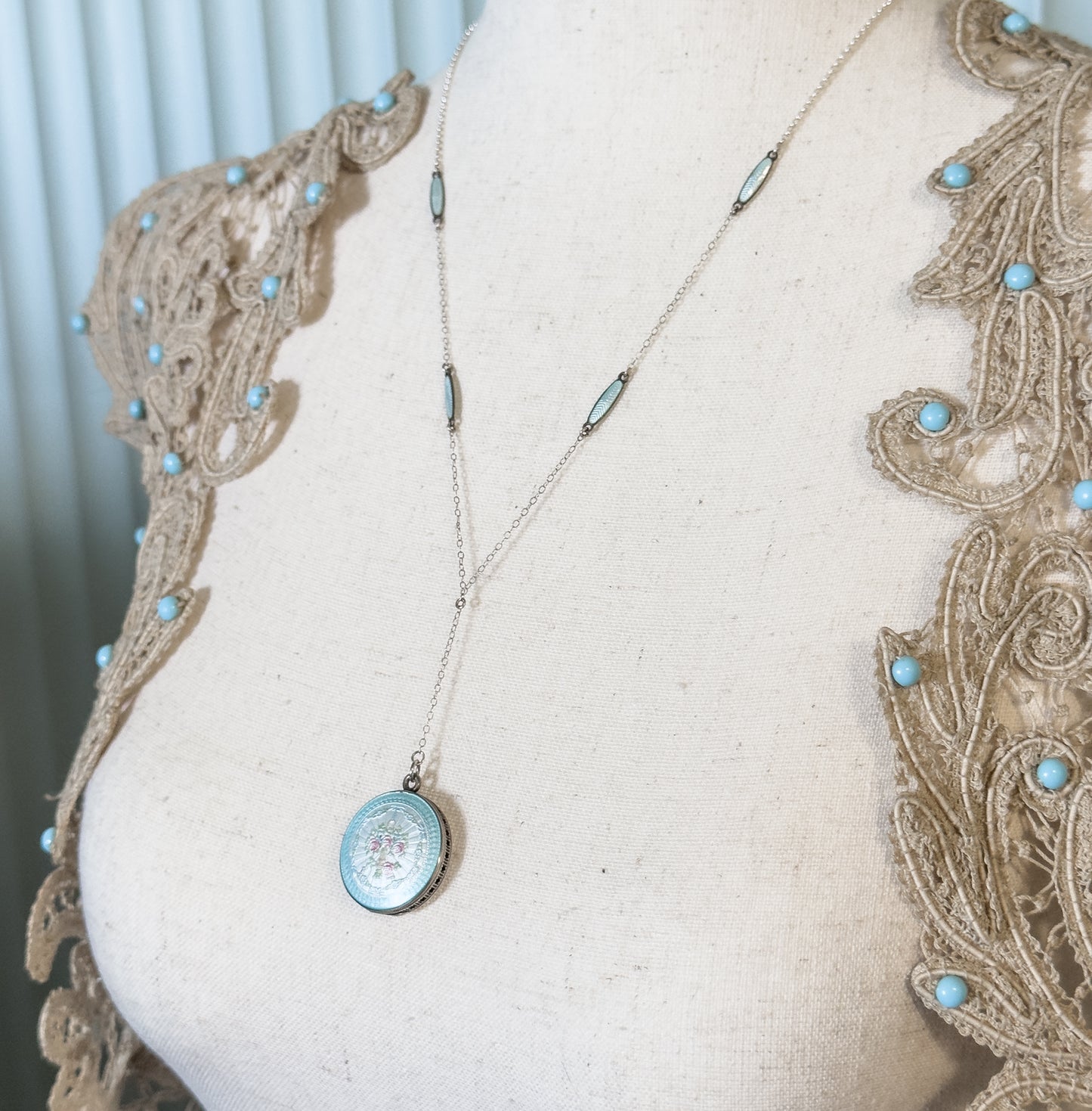 Edwardian Enamel Station Viniagrette Locket Y Drop Necklace in Sterling Silver