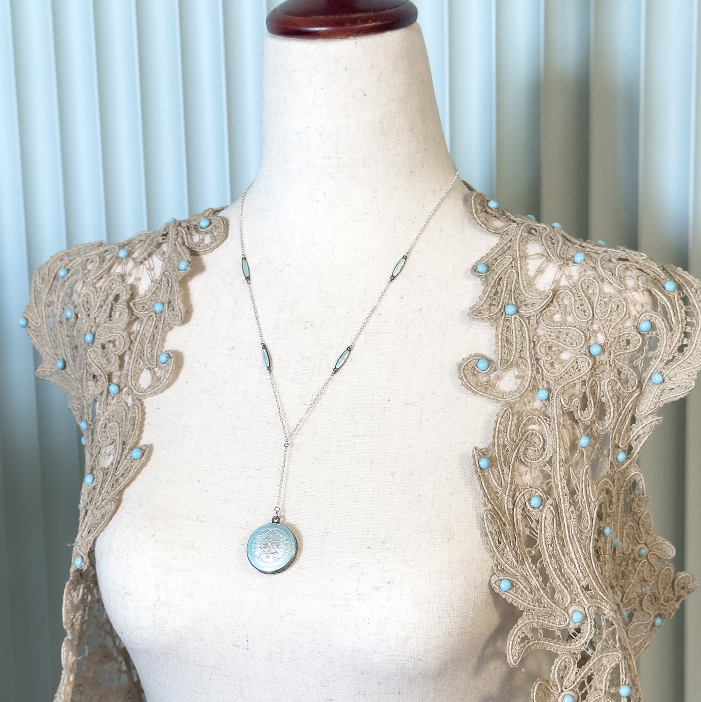 Edwardian Enamel Station Viniagrette Locket Y Drop Necklace in Sterling Silver