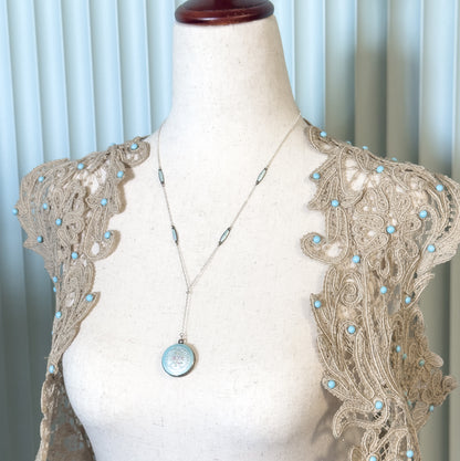 Edwardian Enamel Station Viniagrette Locket Y Drop Necklace in Sterling Silver