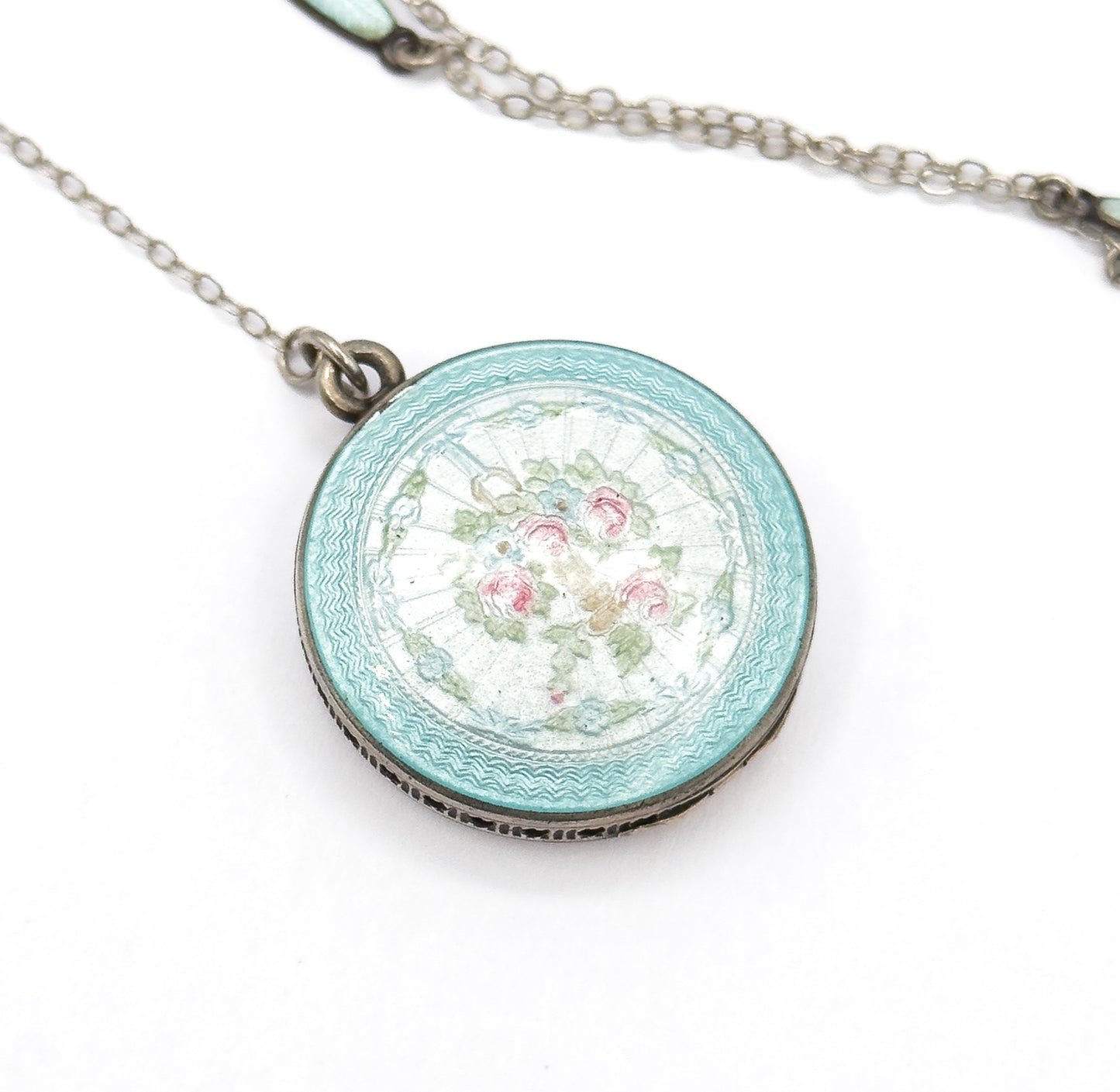 Edwardian Enamel Station Viniagrette Locket Y Drop Necklace in Sterling Silver