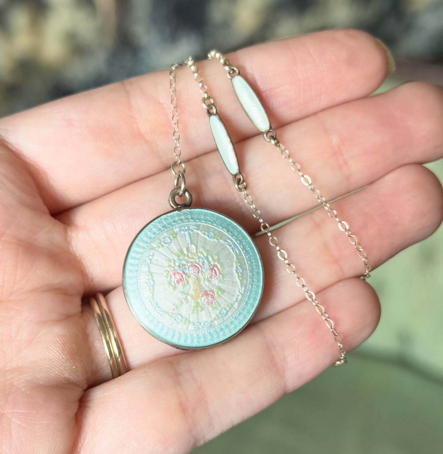 Edwardian Enamel Station Viniagrette Locket Y Drop Necklace in Sterling Silver