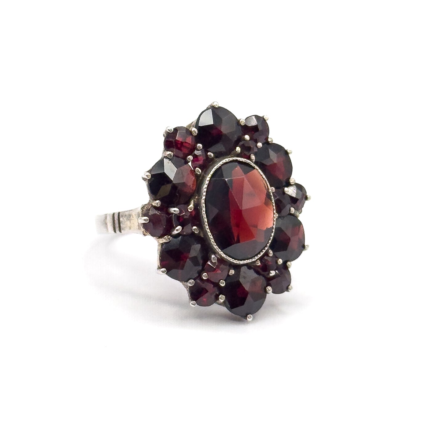 Art Deco Rose Cut Garnet Cluster Ring in Sterling Silver