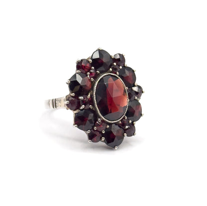 Art Deco Rose Cut Garnet Cluster Ring in Sterling Silver