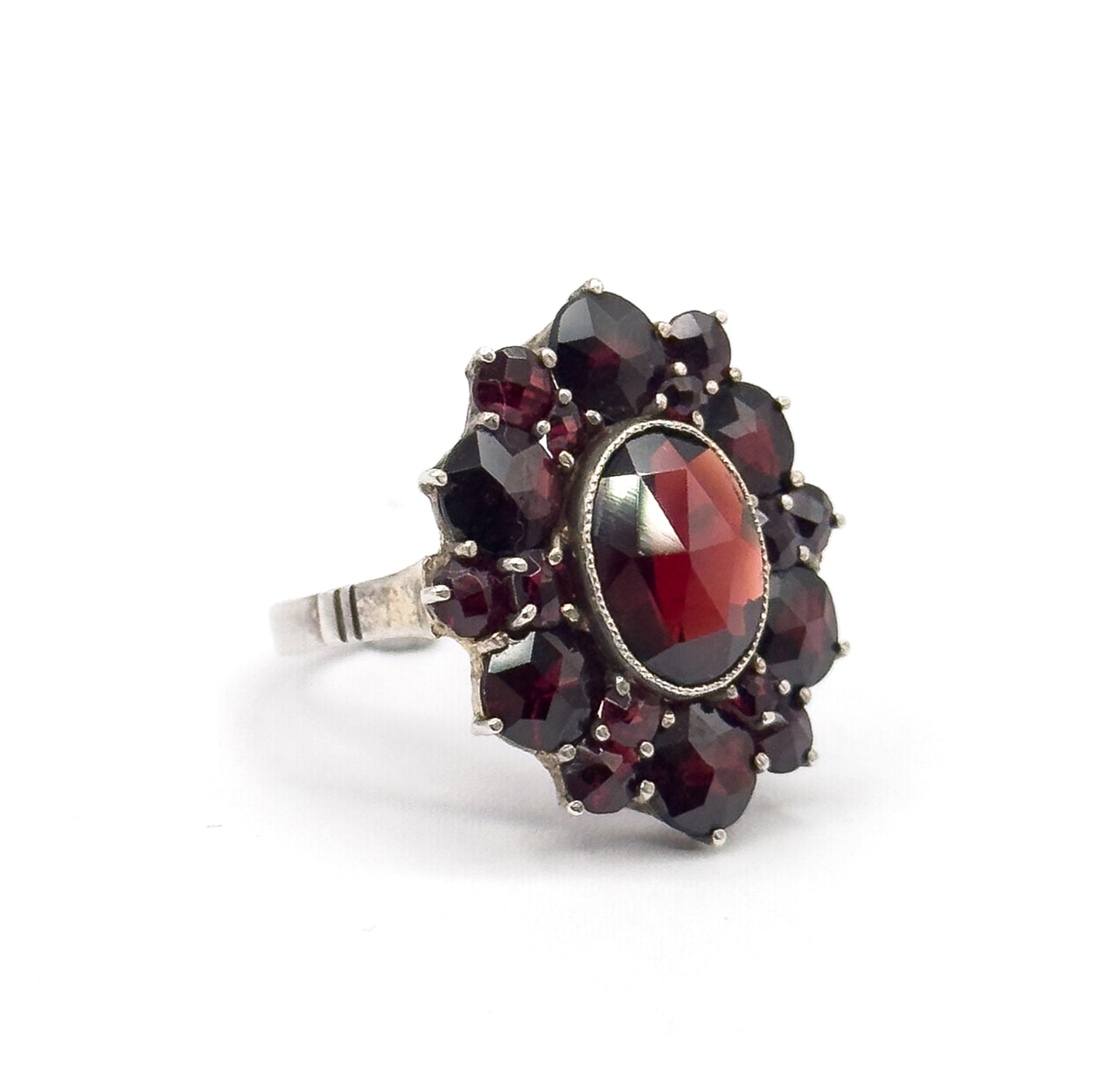 Art Deco Rose Cut Garnet Cluster Ring in Sterling Silver