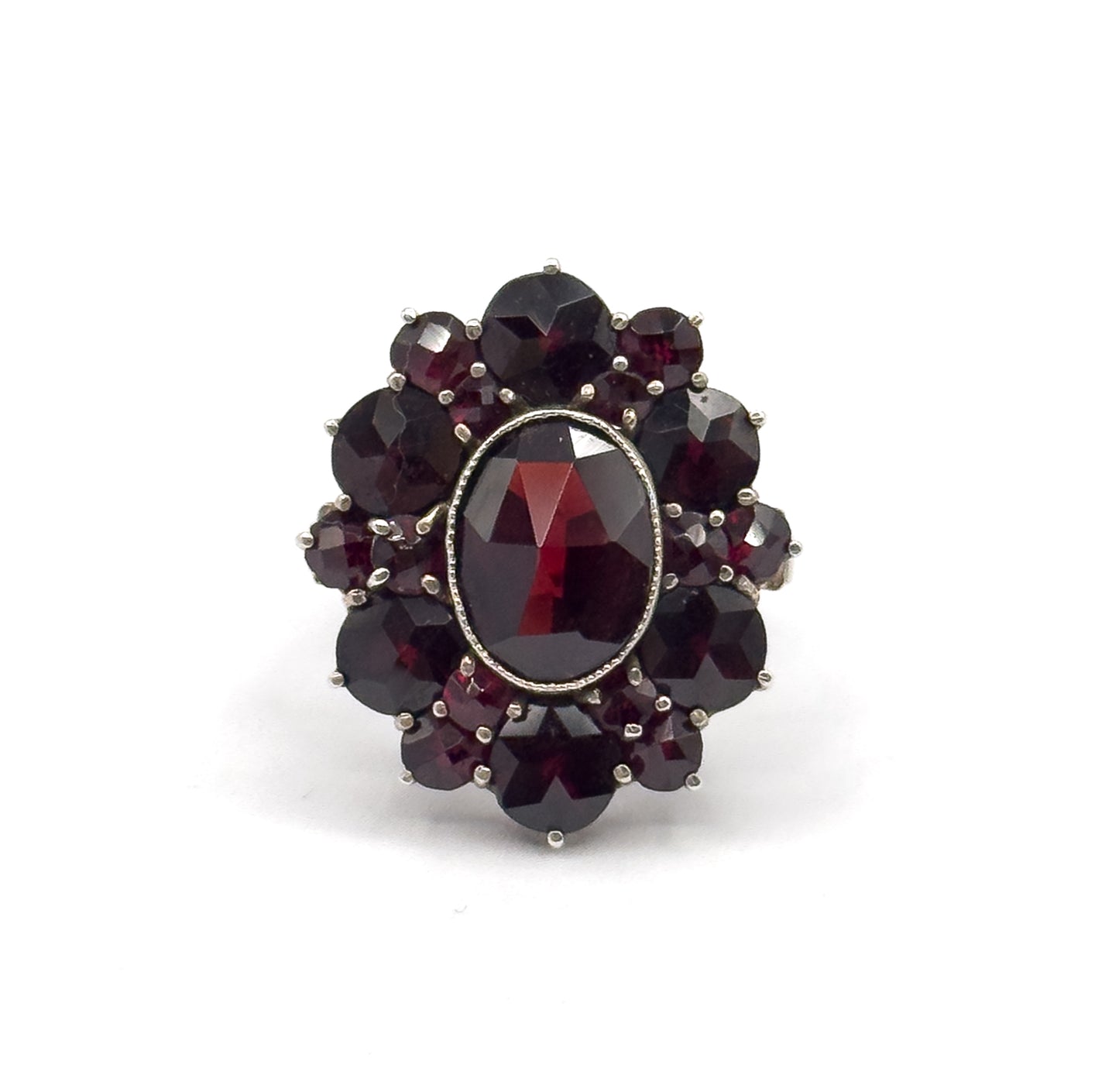 Art Deco Rose Cut Garnet Cluster Ring in Sterling Silver