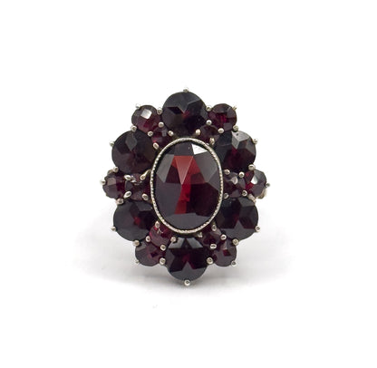 Art Deco Rose Cut Garnet Cluster Ring in Sterling Silver