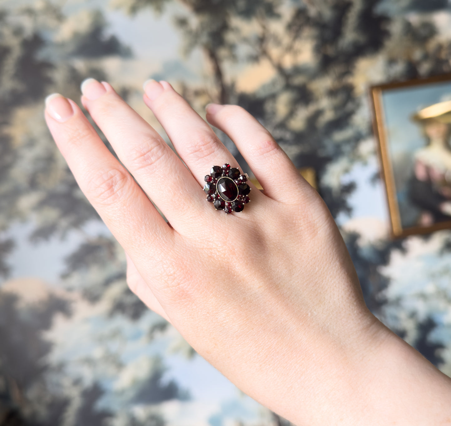 Art Deco Rose Cut Garnet Cluster Ring in Sterling Silver