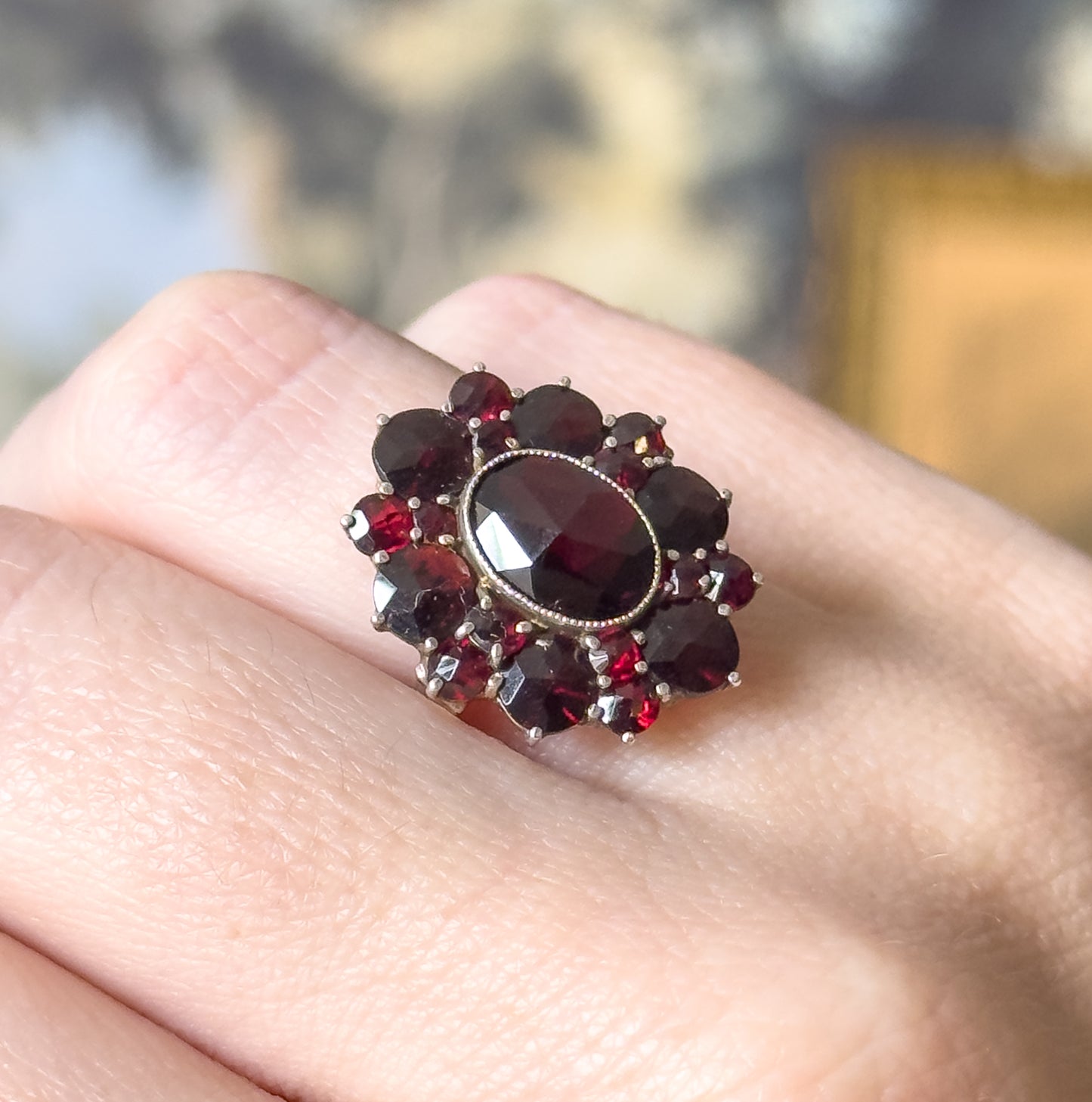 Art Deco Rose Cut Garnet Cluster Ring in Sterling Silver