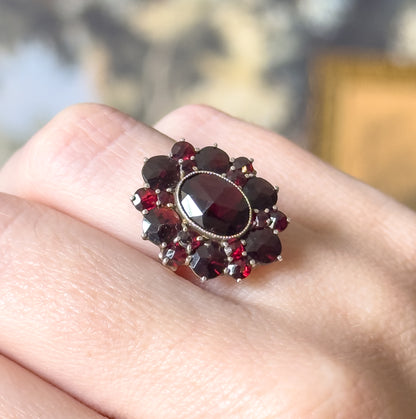 Art Deco Rose Cut Garnet Cluster Ring in Sterling Silver