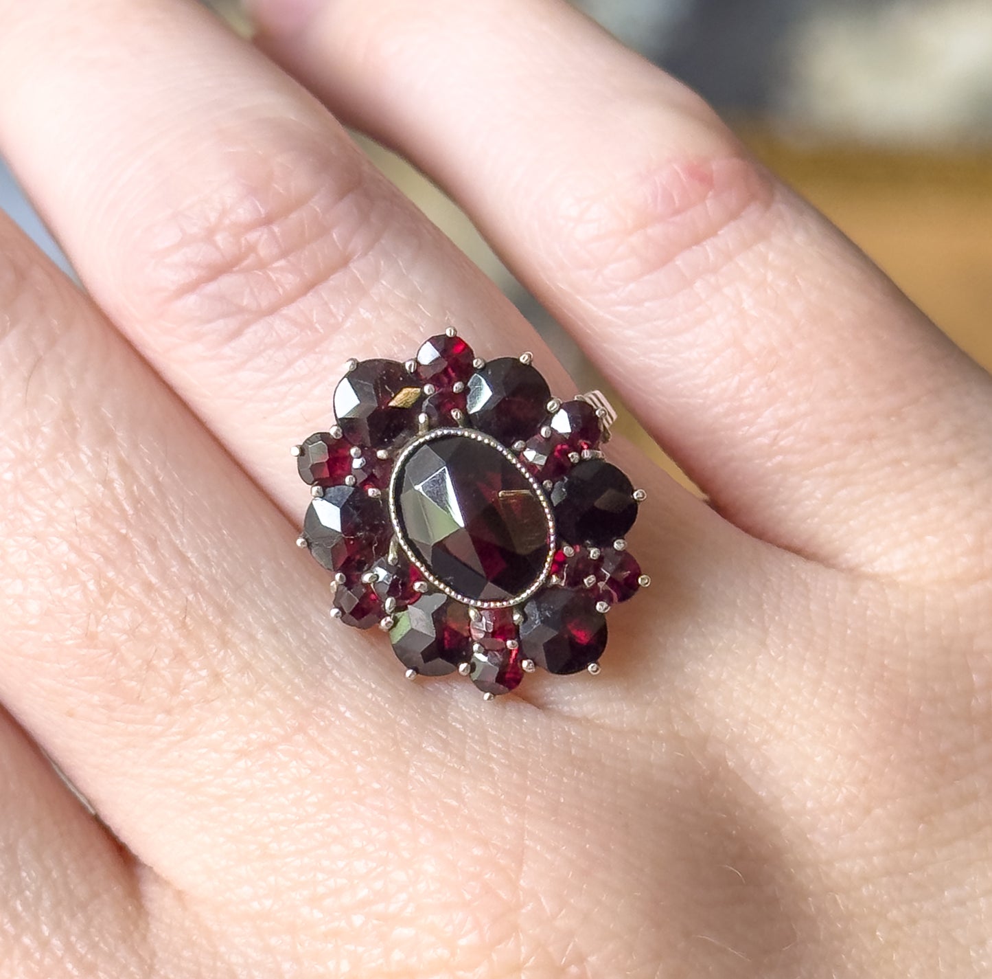 Art Deco Rose Cut Garnet Cluster Ring in Sterling Silver