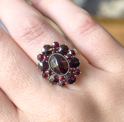 Art Deco Rose Cut Garnet Cluster Ring in Sterling Silver