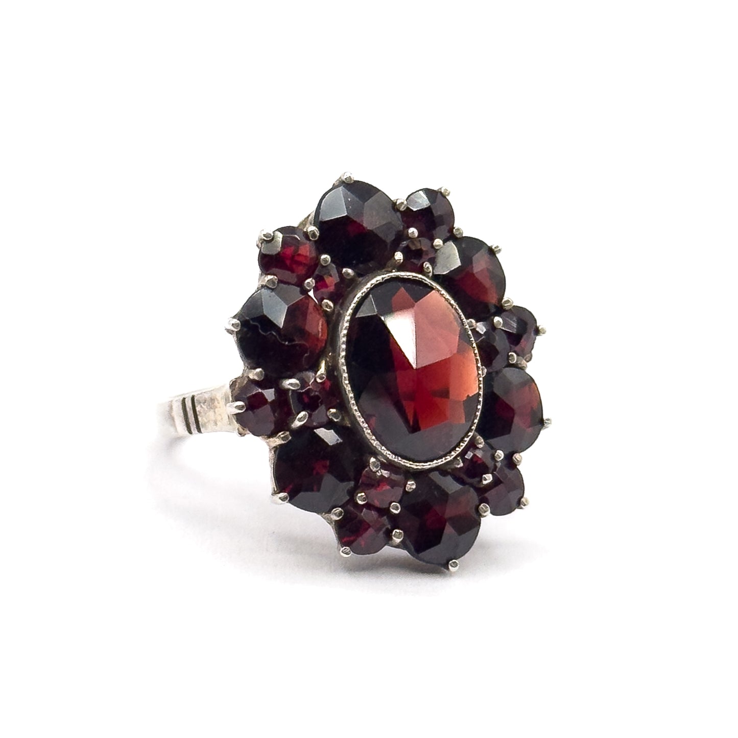 Art Deco Rose Cut Garnet Cluster Ring in Sterling Silver