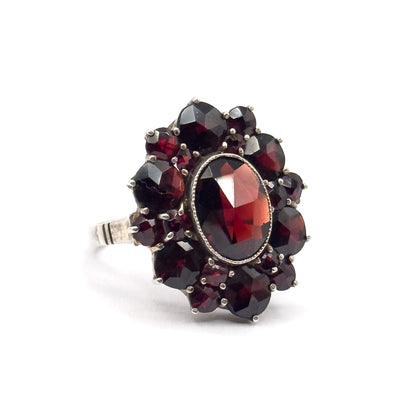 Art Deco Rose Cut Garnet Cluster Ring in Sterling Silver
