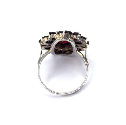 Art Deco Rose Cut Garnet Cluster Ring in Sterling Silver