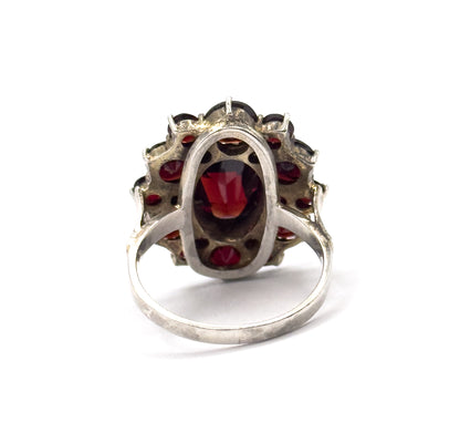 Art Deco Rose Cut Garnet Cluster Ring in Sterling Silver