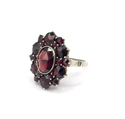 Art Deco Rose Cut Garnet Cluster Ring in Sterling Silver
