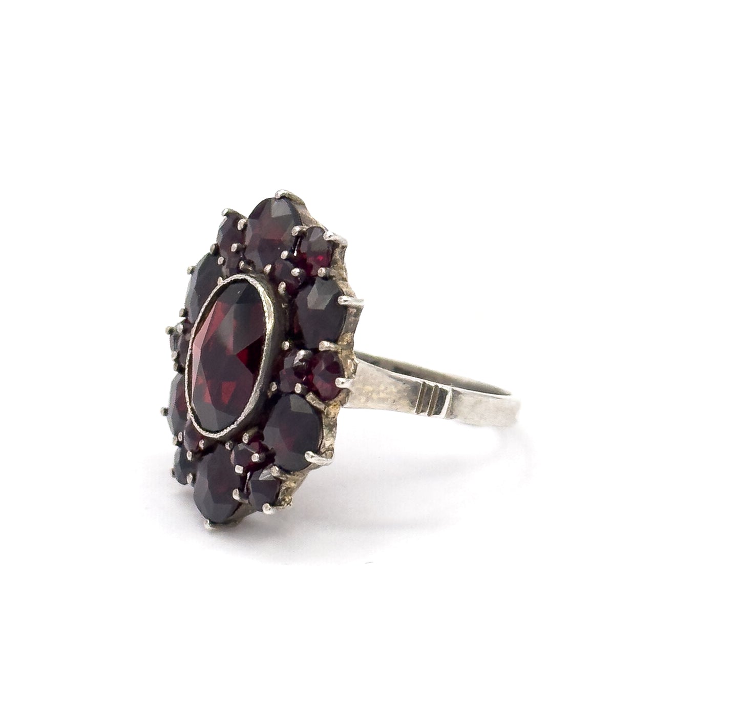 Art Deco Rose Cut Garnet Cluster Ring in Sterling Silver