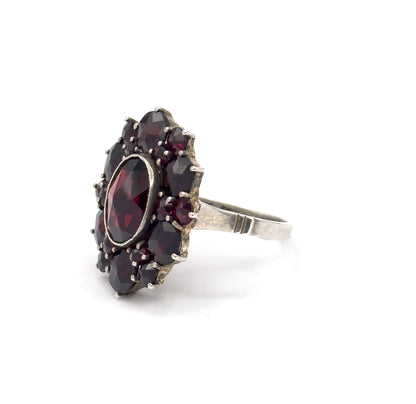 Art Deco Rose Cut Garnet Cluster Ring in Sterling Silver