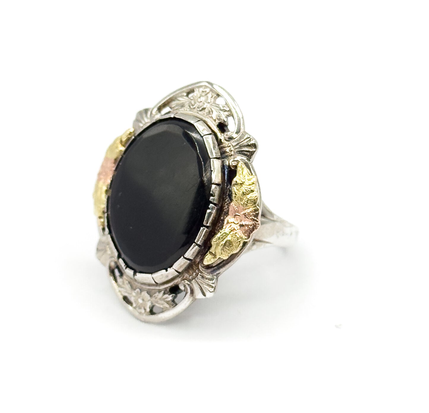 Mid-Century Black Onyx Ring in Sterling Silver with 10K Black Hills Gold