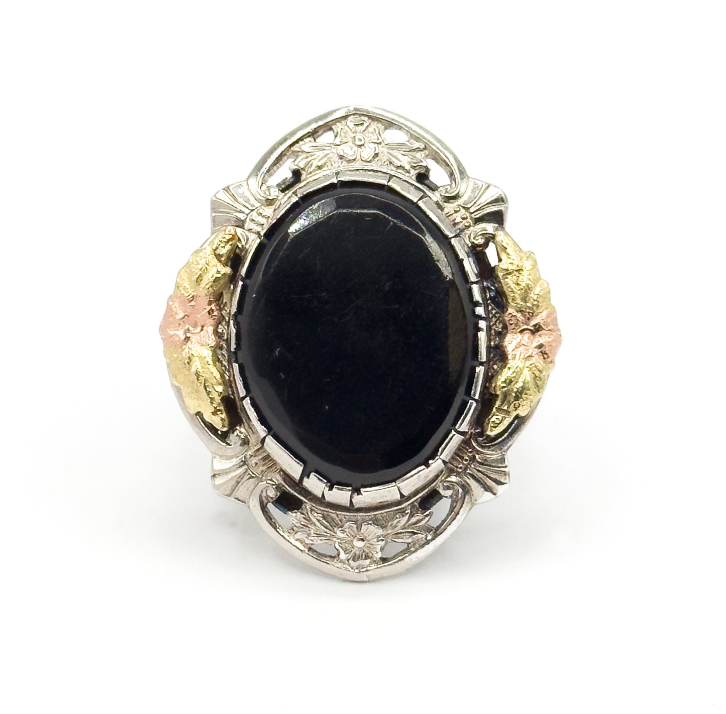 Mid-Century Black Onyx Ring in Sterling Silver with 10K Black Hills Gold