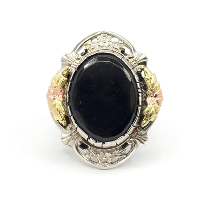 Mid-Century Black Onyx Ring in Sterling Silver with 10K Black Hills Gold