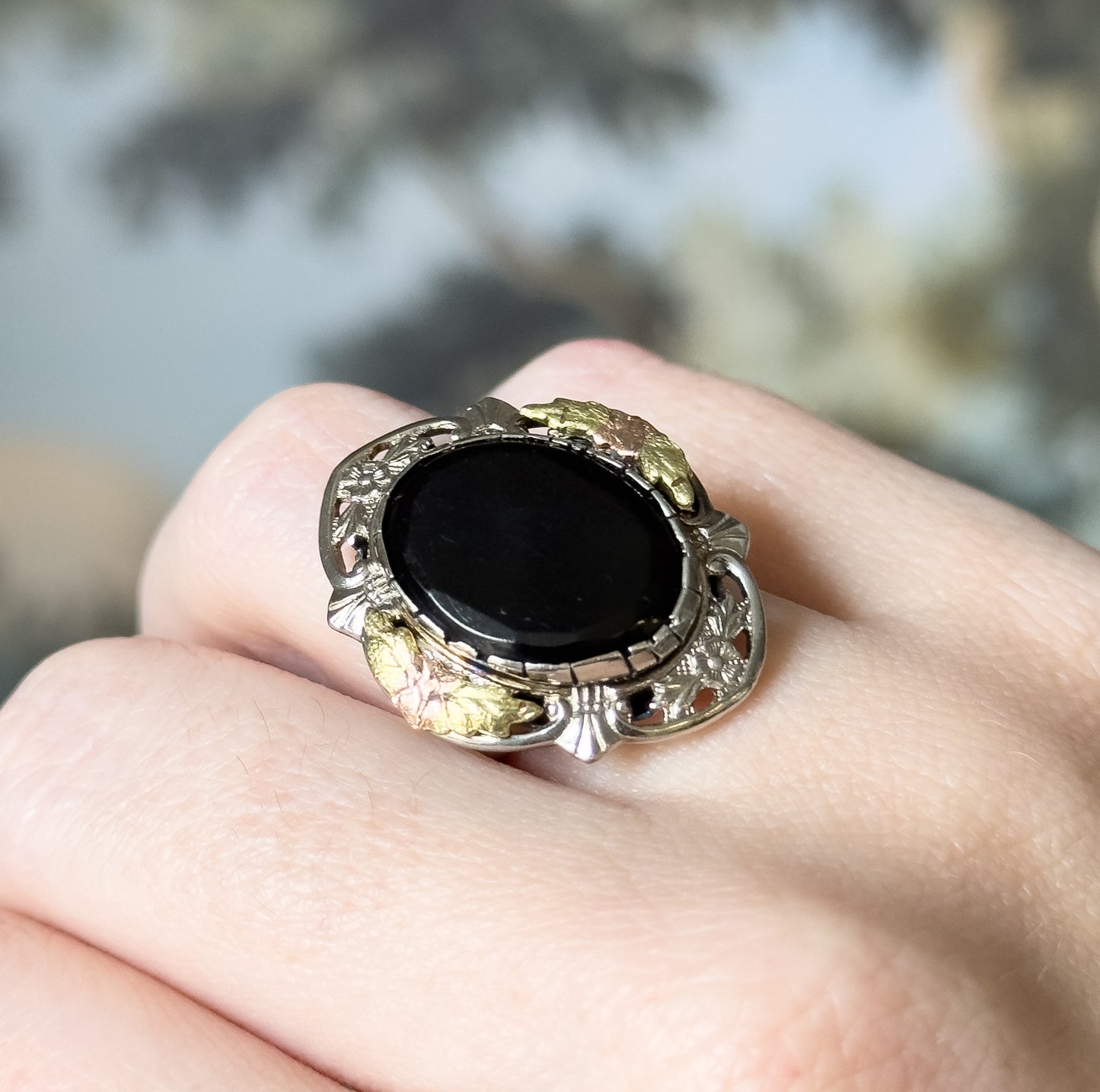 Mid-Century Black Onyx Ring in Sterling Silver with 10K Black Hills Gold