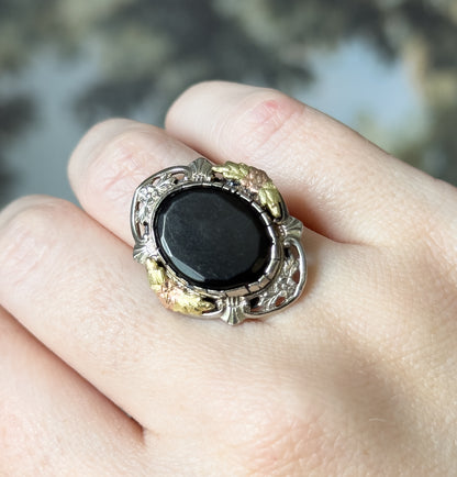 Mid-Century Black Onyx Ring in Sterling Silver with 10K Black Hills Gold
