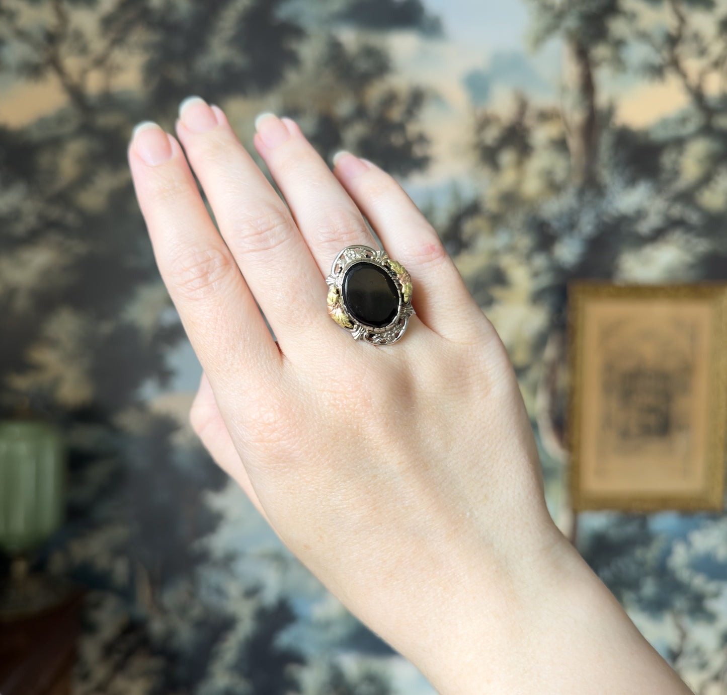 Mid-Century Black Onyx Ring in Sterling Silver with 10K Black Hills Gold
